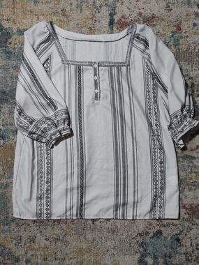 White Peasant Blouse with Black Stripe Embroidery